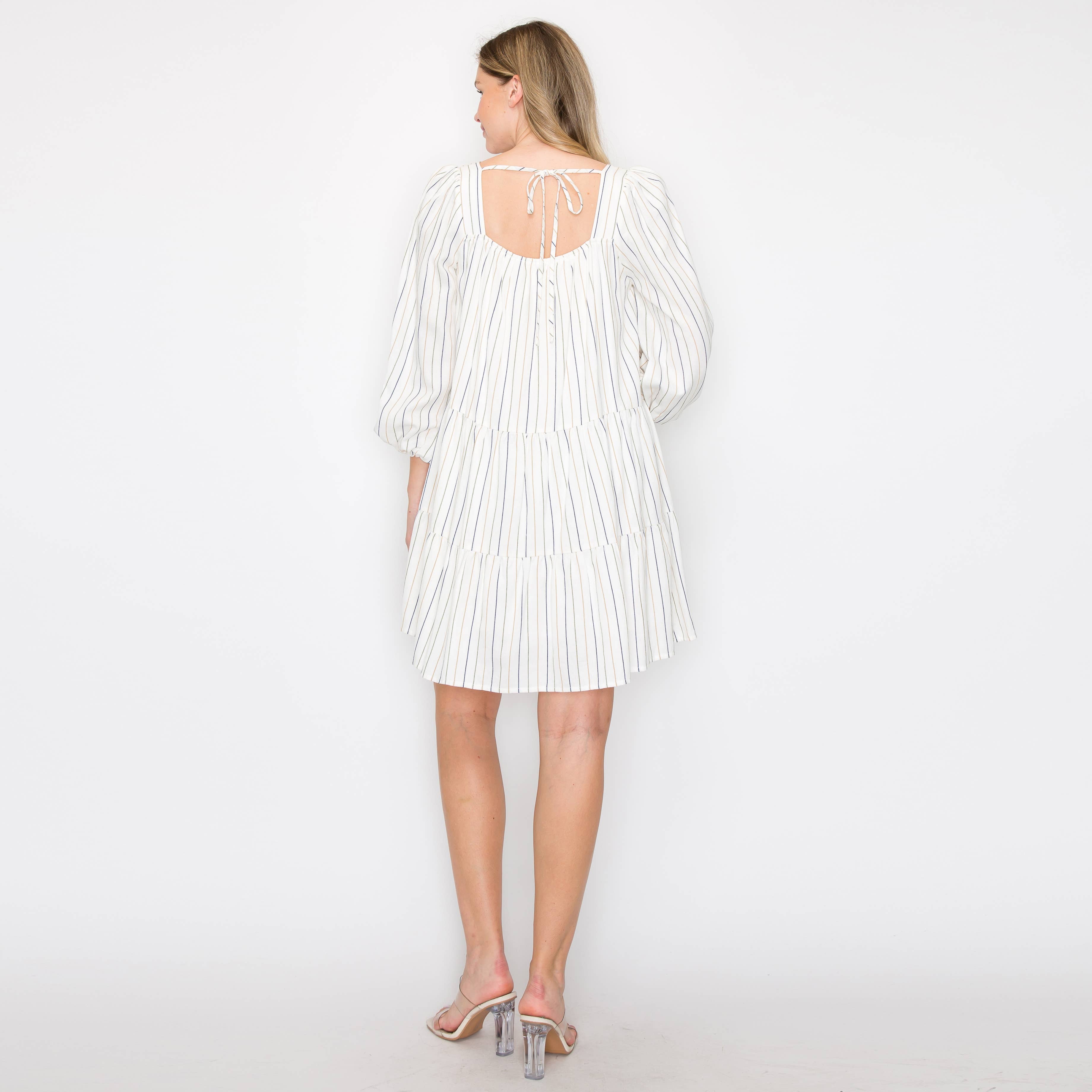 Striped linen mini dress with 3/4 sleeves