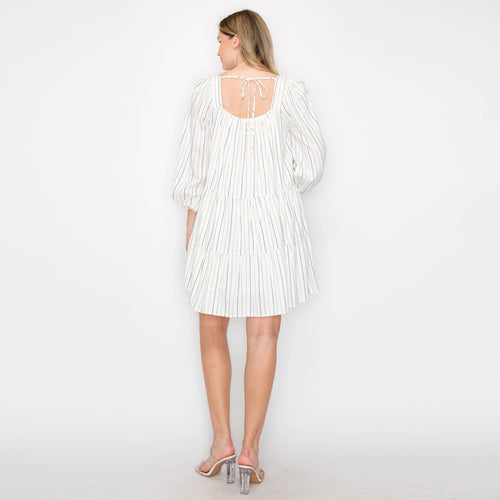 Striped linen mini dress with 3/4 sleeves