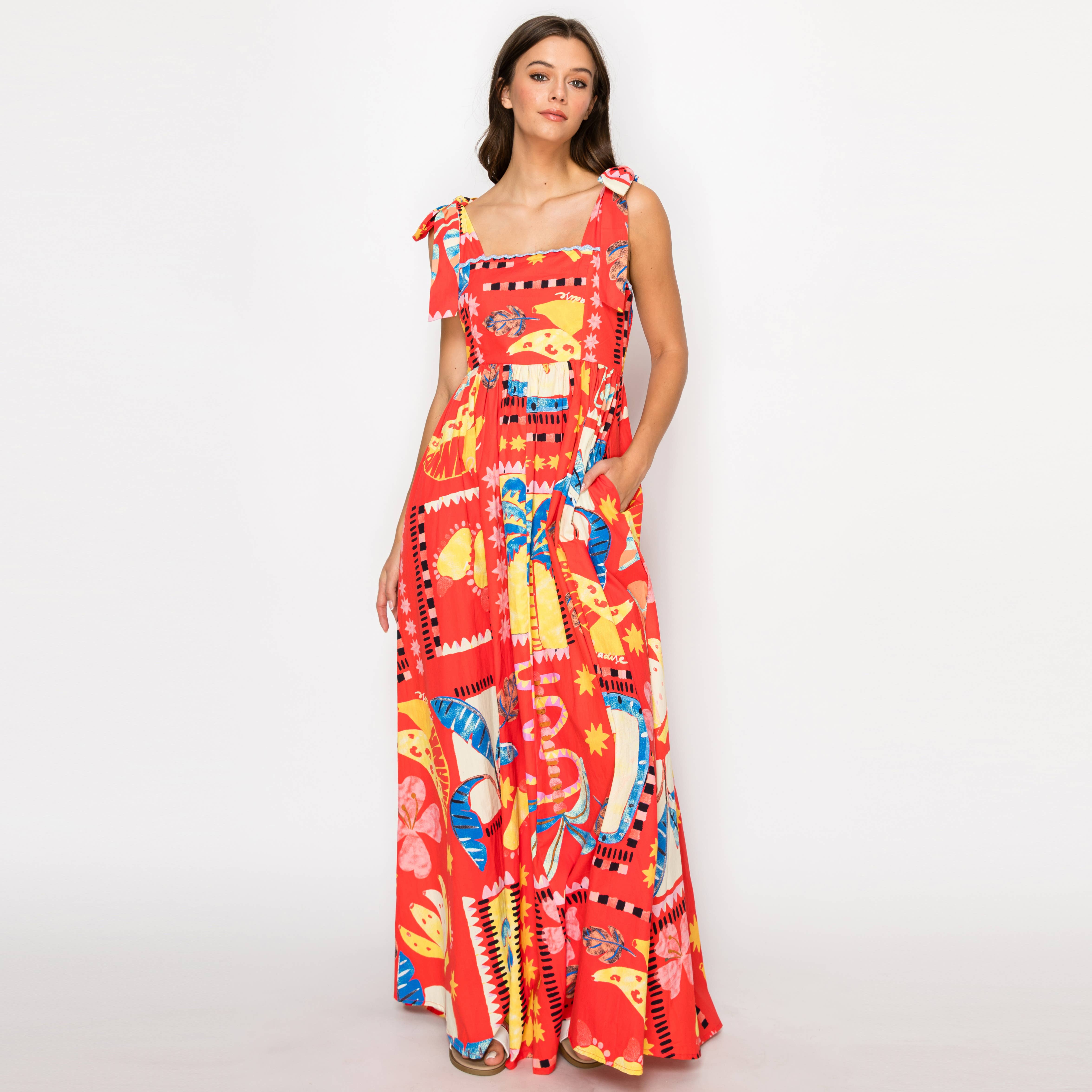 New Retro Red Tropical Maxi Dress