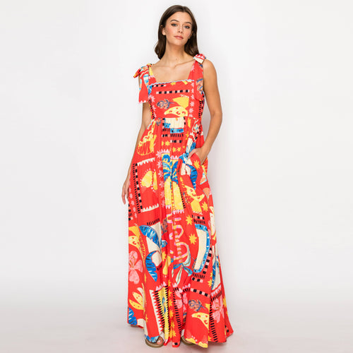 New Retro Red Tropical Maxi Dress