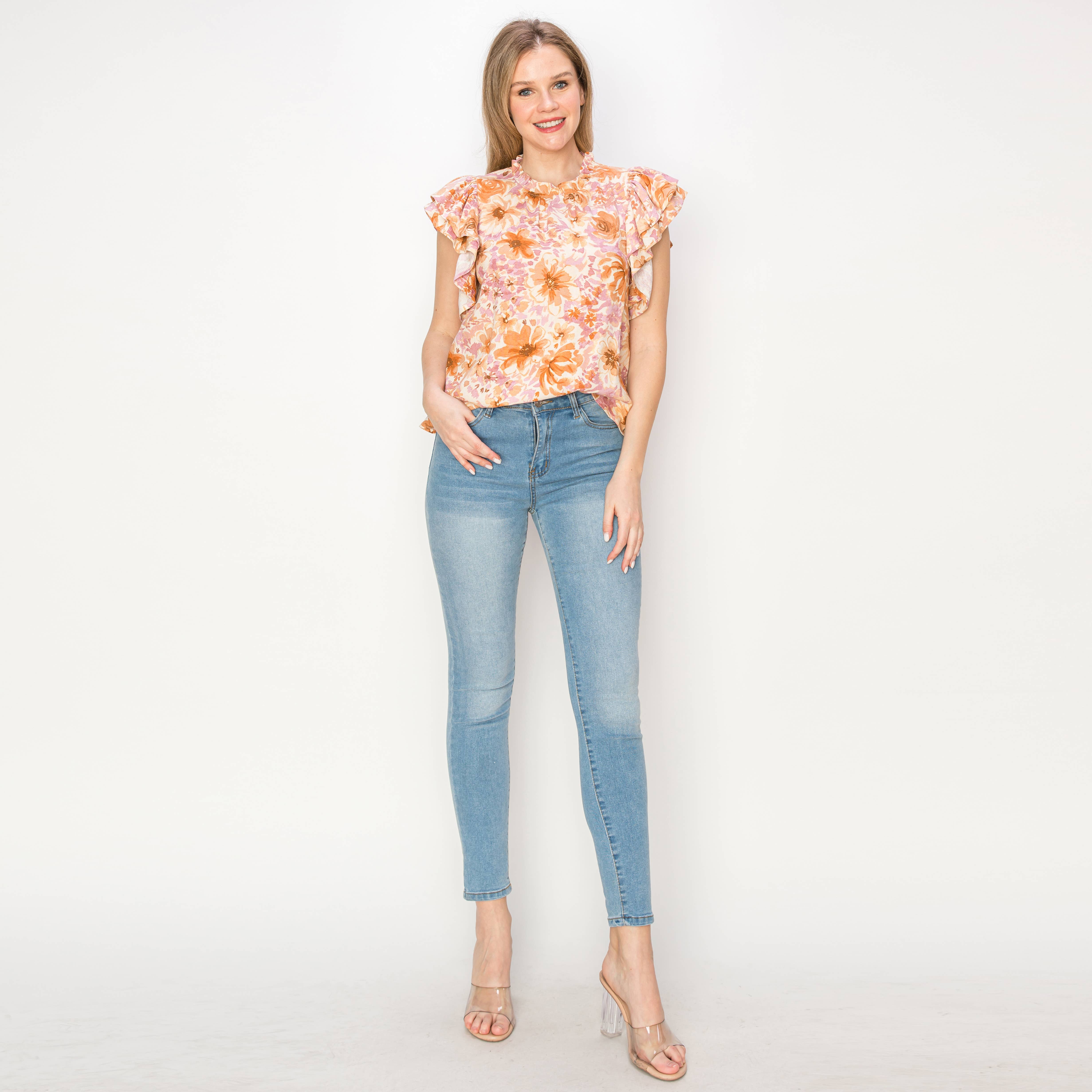 Print linen top with double ruffle sleeves