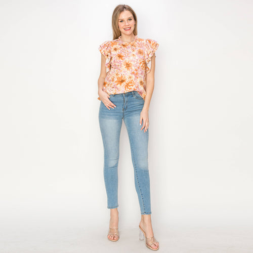 Print linen top with double ruffle sleeves