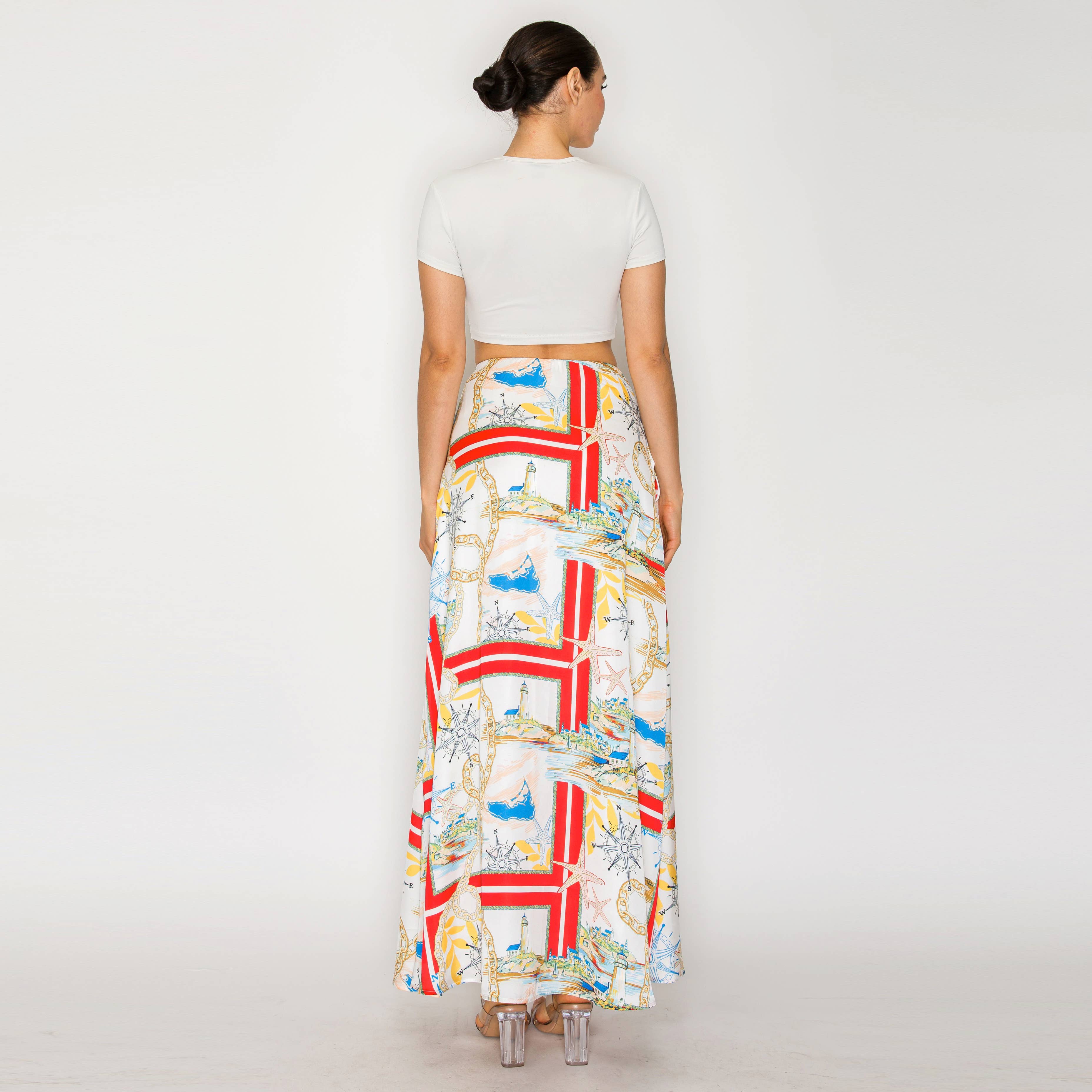 ATLANTIC BREEZE RED Satin Scarf Maxi Skirt
