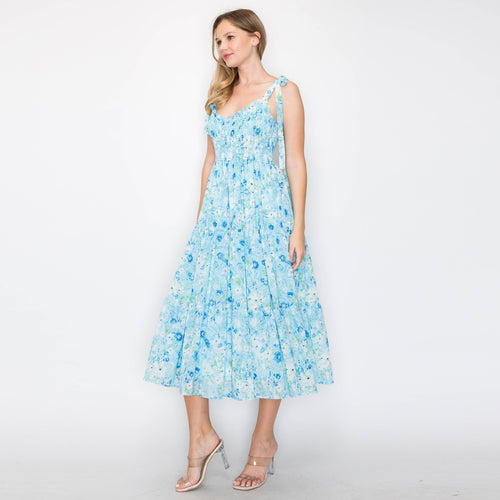 Print smocking cami midi dress