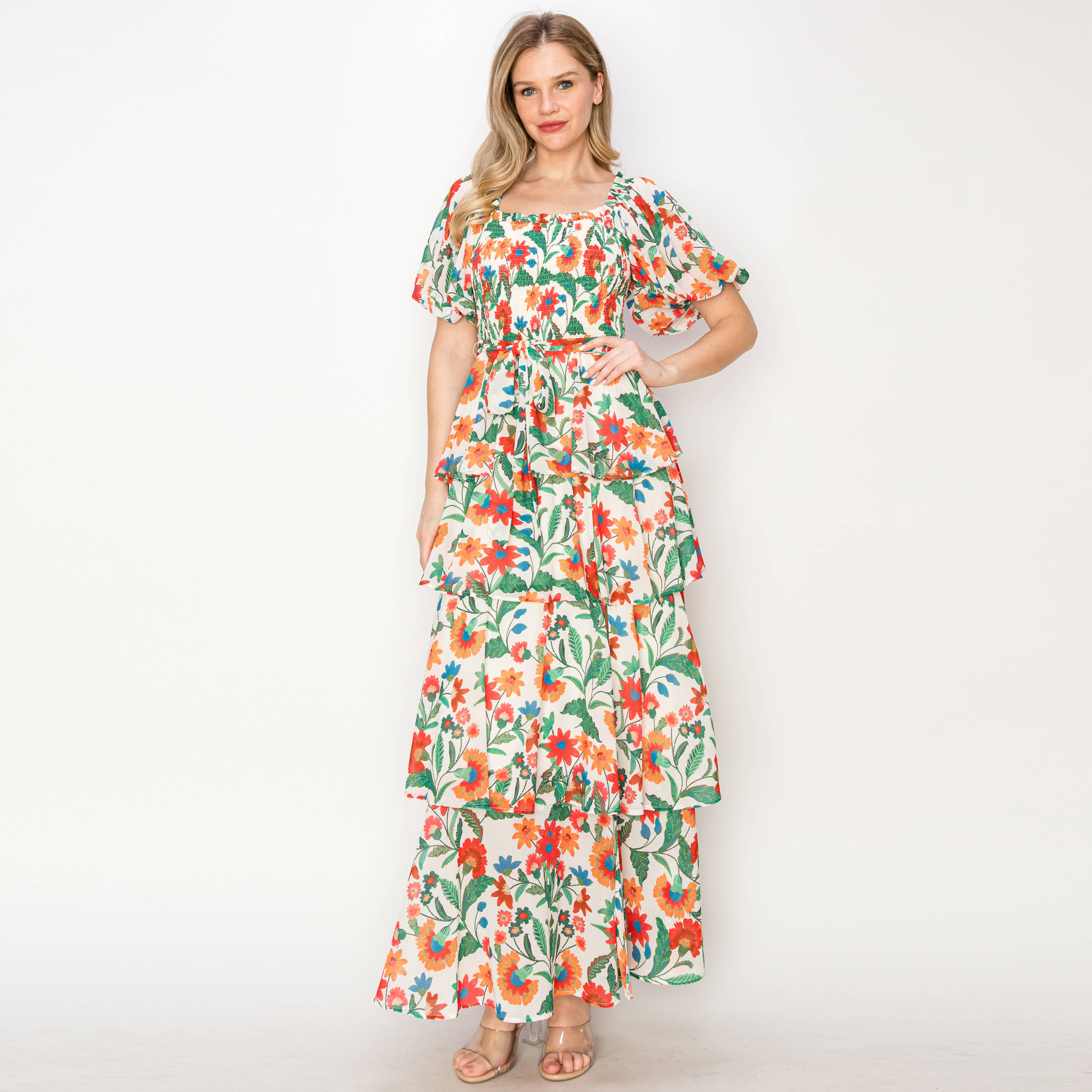 Summer jacobean Print tiered ruffle maxi Dress