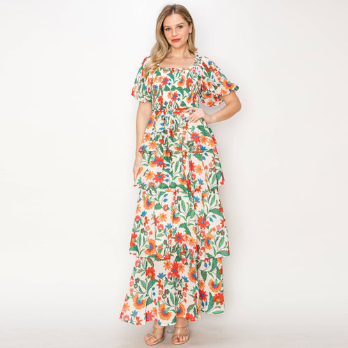 Summer jacobean Print tiered ruffle maxi Dress