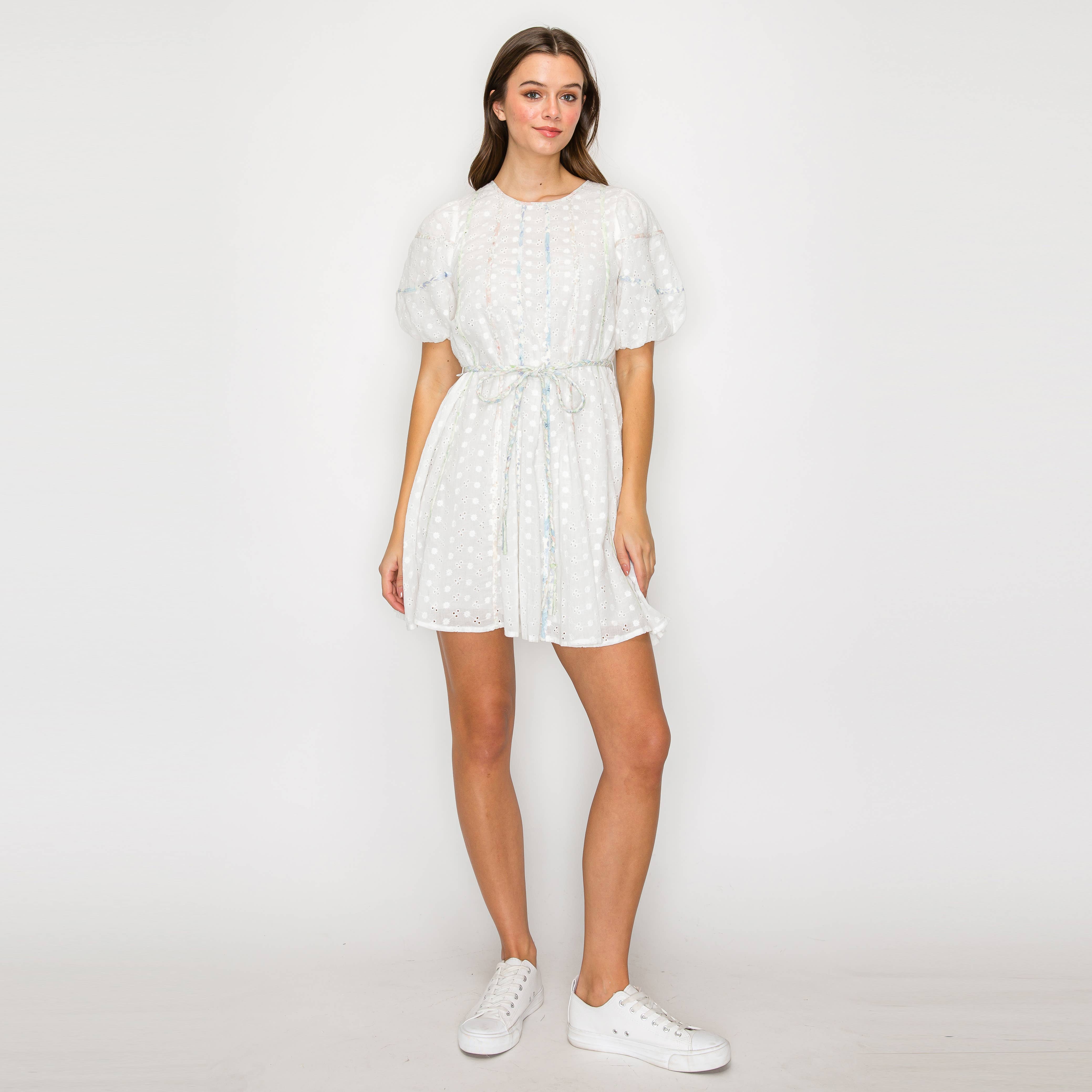White Daisy Cotton Eyelet Mini Dress With Binding