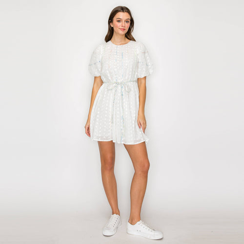 White Daisy Cotton Eyelet Mini Dress With Binding