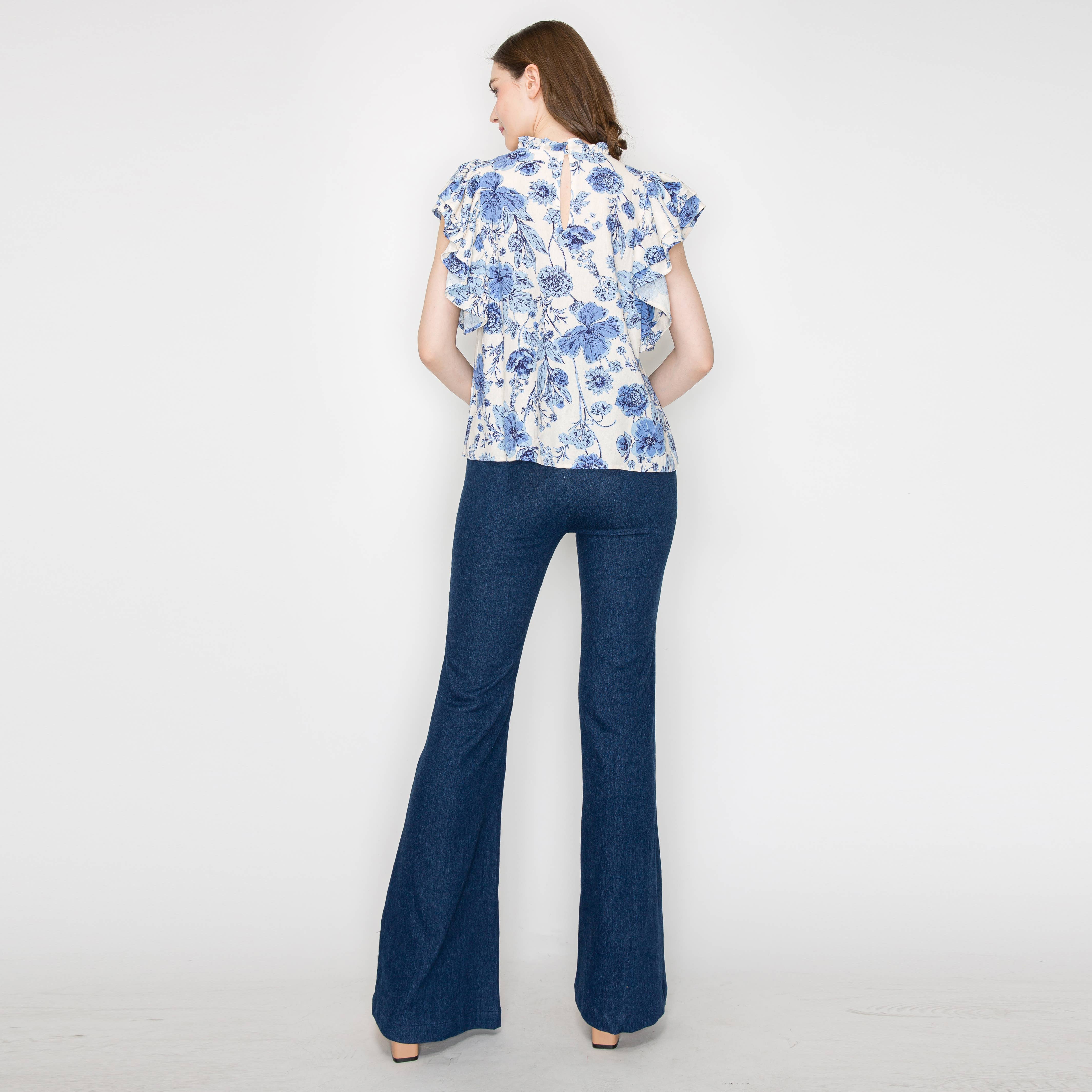 Print linen top with double ruffle sleeves