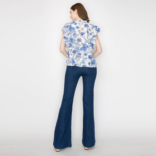 Print linen top with double ruffle sleeves