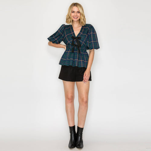 Eloise Green Tartan Checker Peplum Top