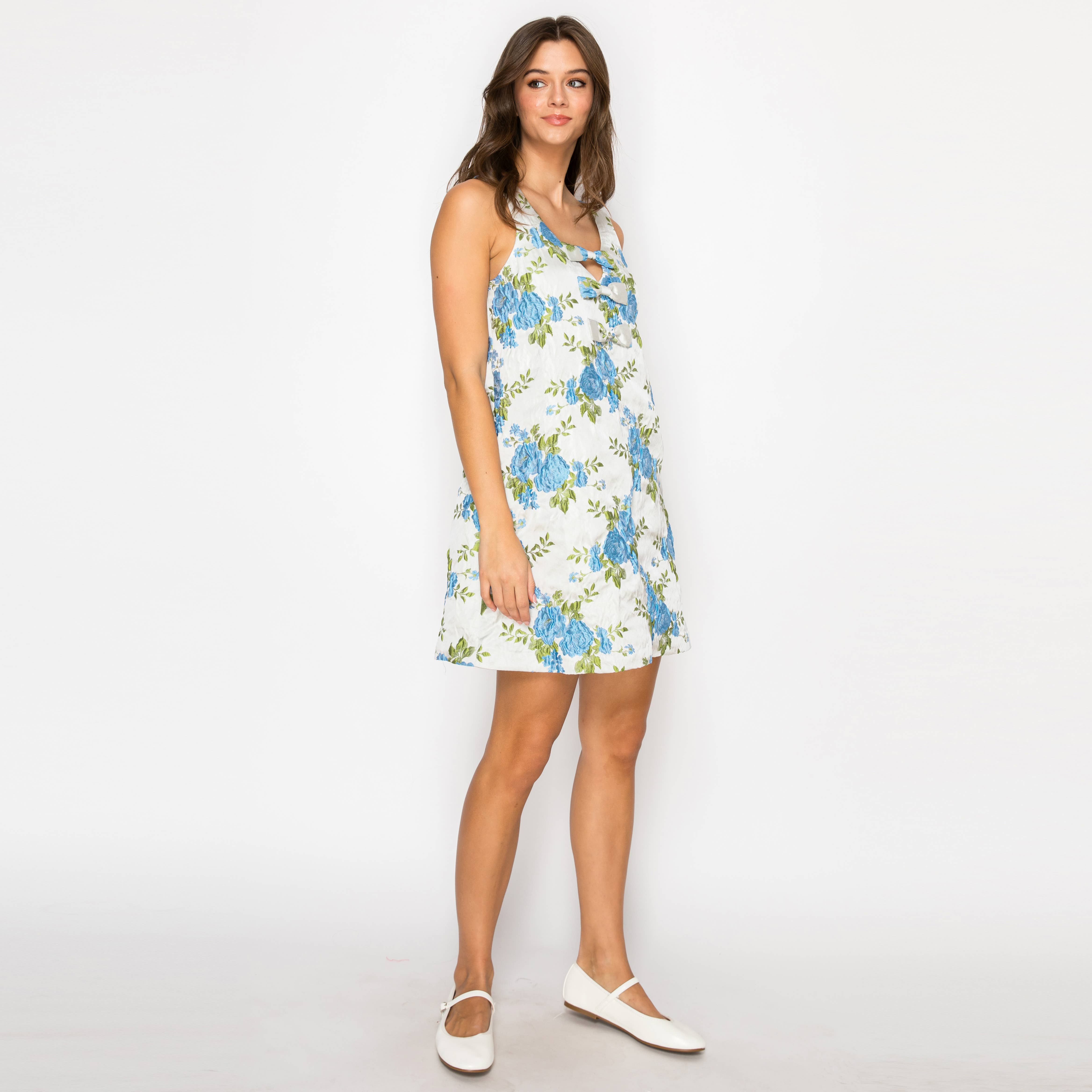 Blue Flower Jacquard Brocade Mini Dress with Bow