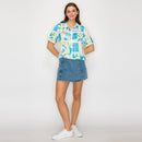 Retro Blue Palm Tree Print Shirts w/ Rick Rack trim- LWT2045