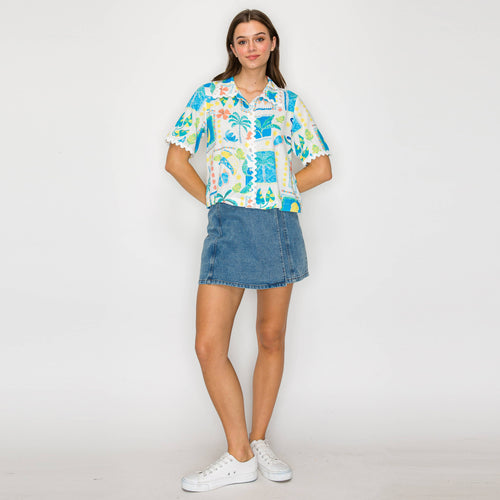 Retro Blue Palm Tree Print Shirts w/ Rick Rack trim- LWT2045