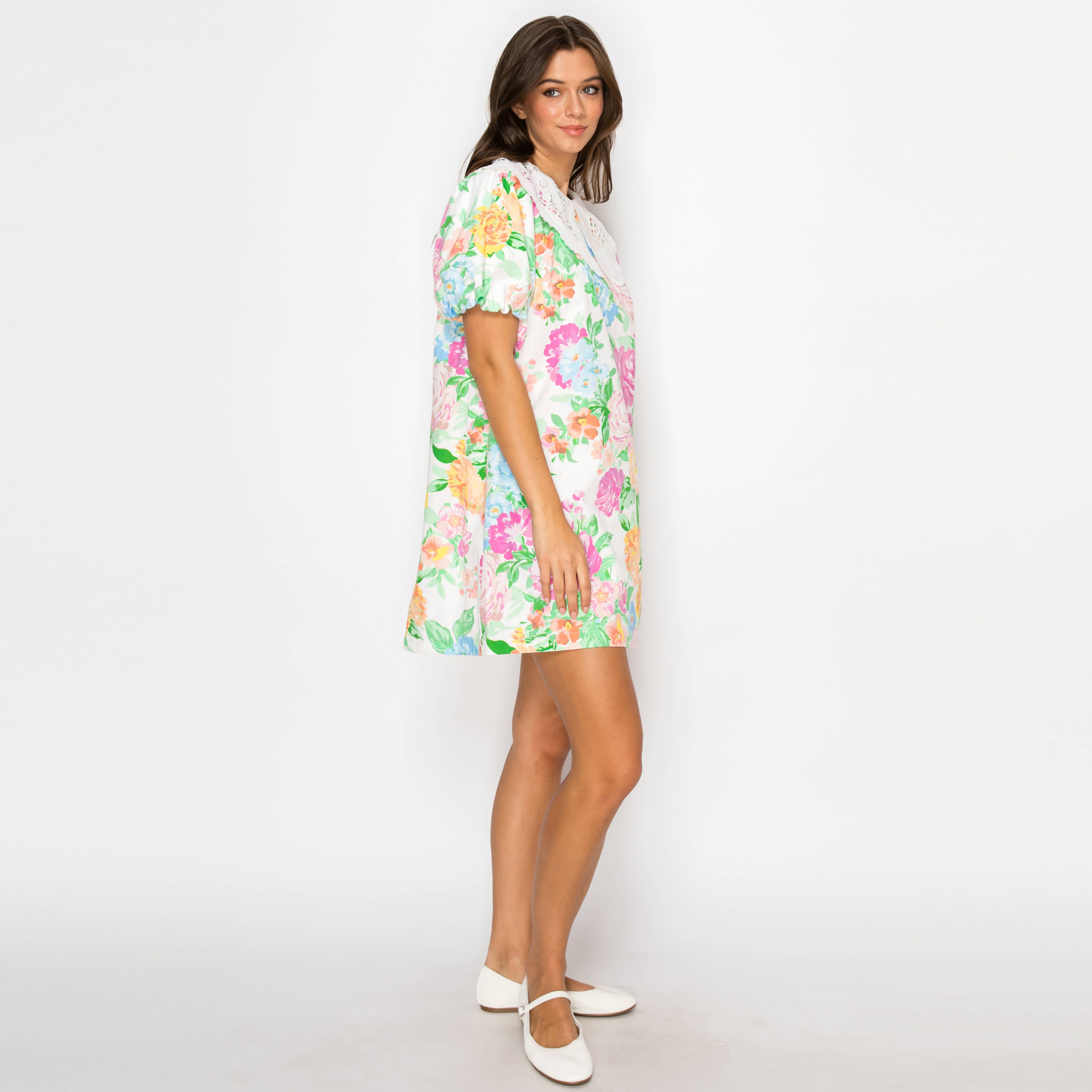 Garden Flower Print Lace Collar Mini Shift Dress