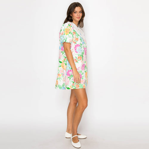 Garden Flower Print Lace Collar Mini Shift Dress
