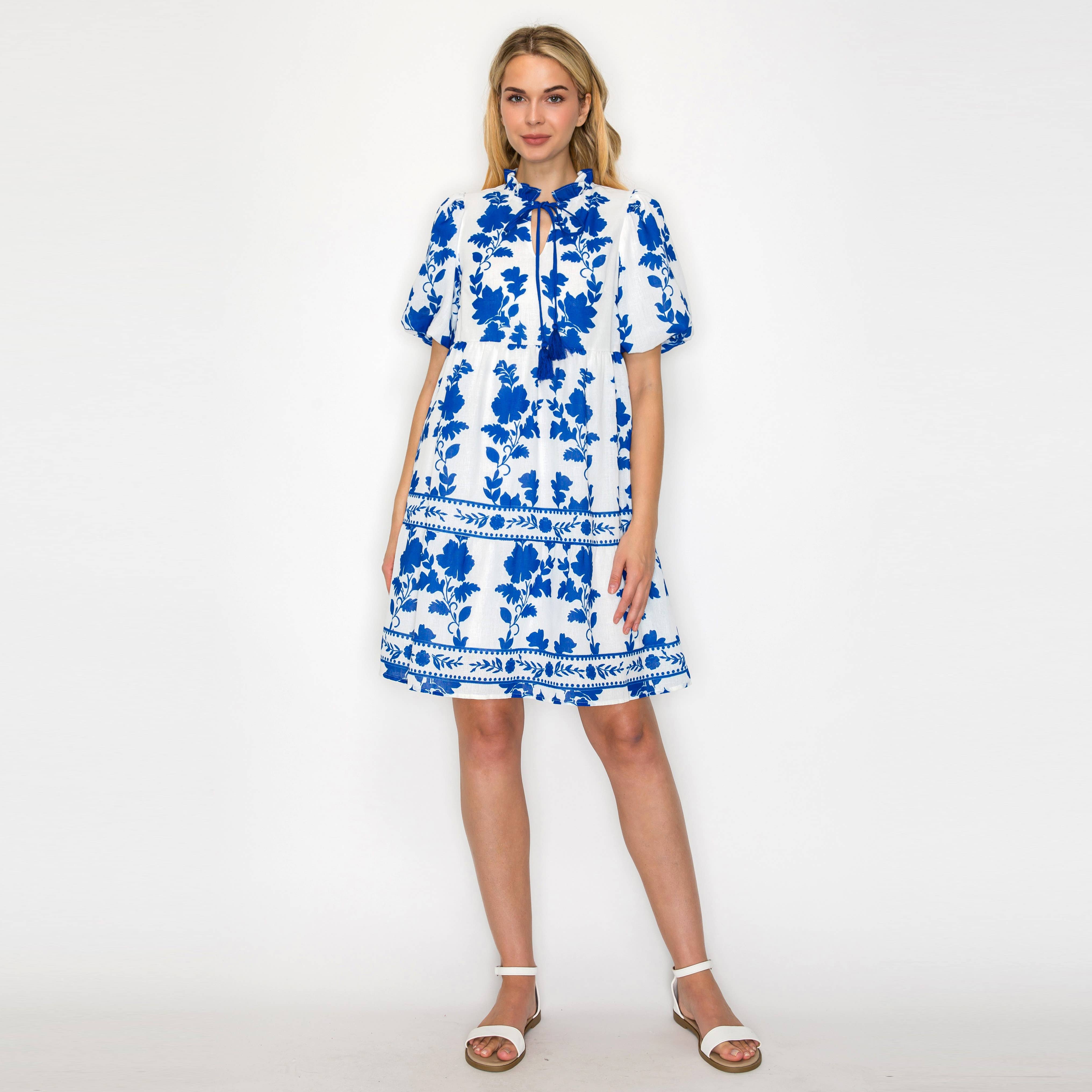 Blue Leaves Placement Print Mini Dress
