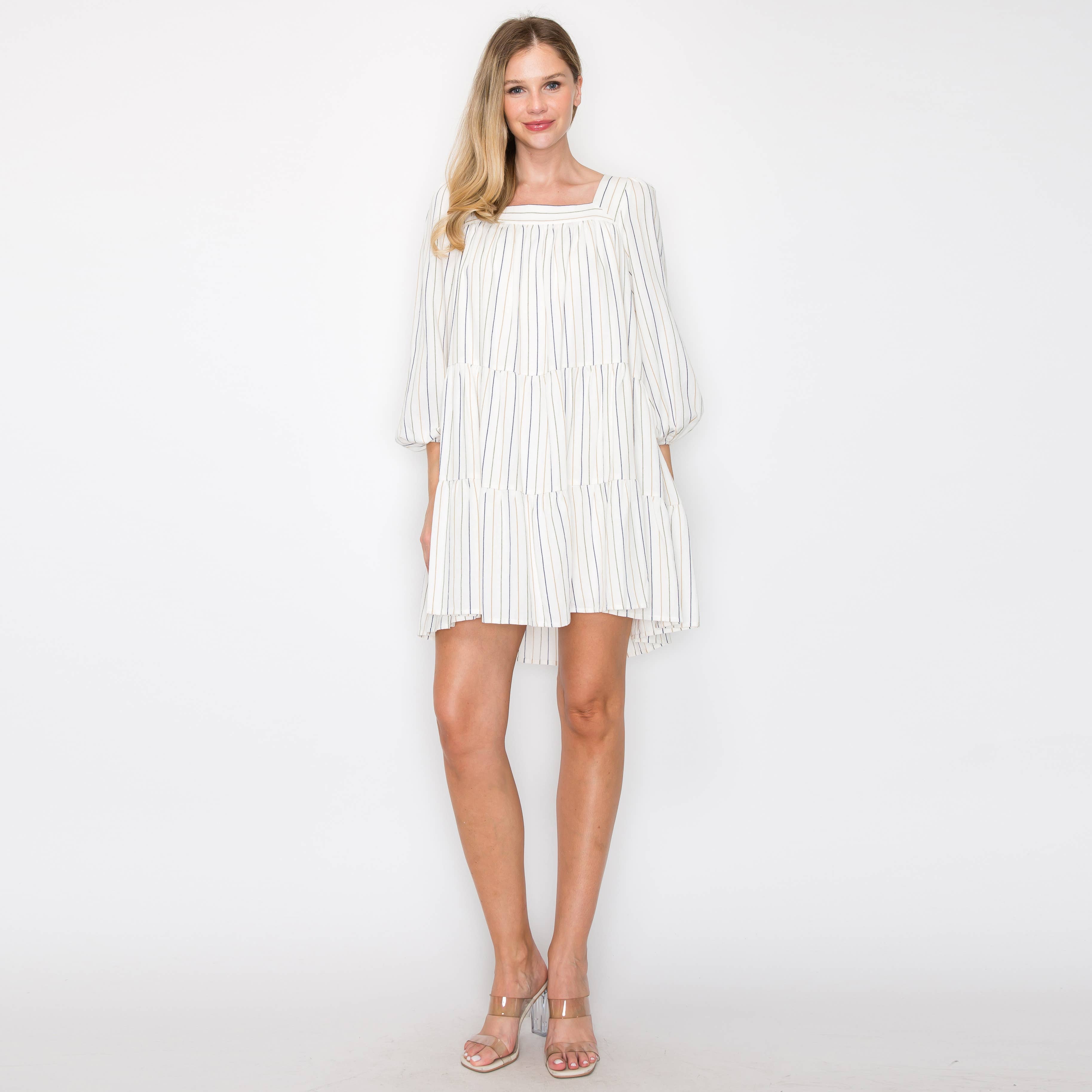 Striped linen mini dress with 3/4 sleeves