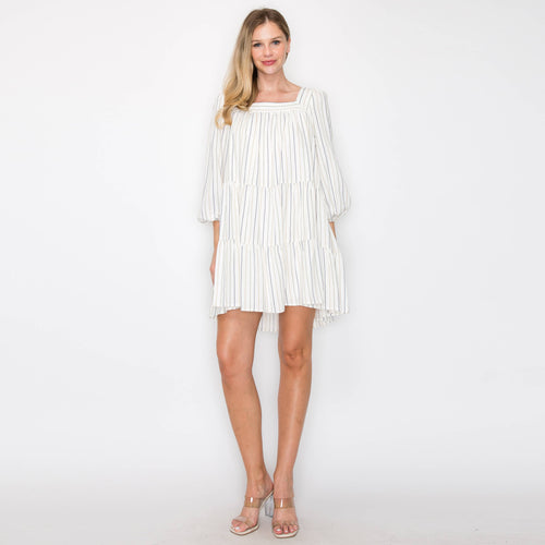 Striped linen mini dress with 3/4 sleeves