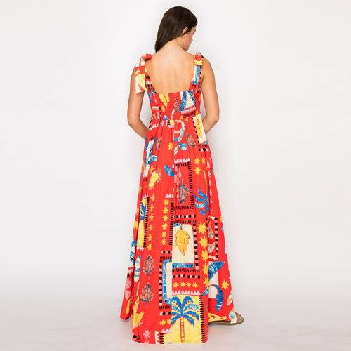 New Retro Red Tropical Maxi Dress