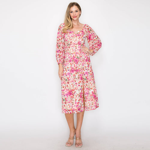 Print straight midi dress with 3/4 sleeves