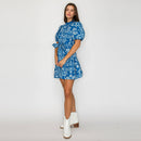 Denim Blue Bandana Print Cotton Mini Dress