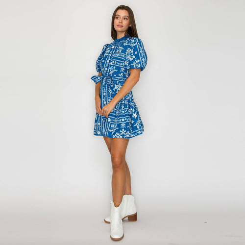 Denim Blue Bandana Print Cotton Mini Dress