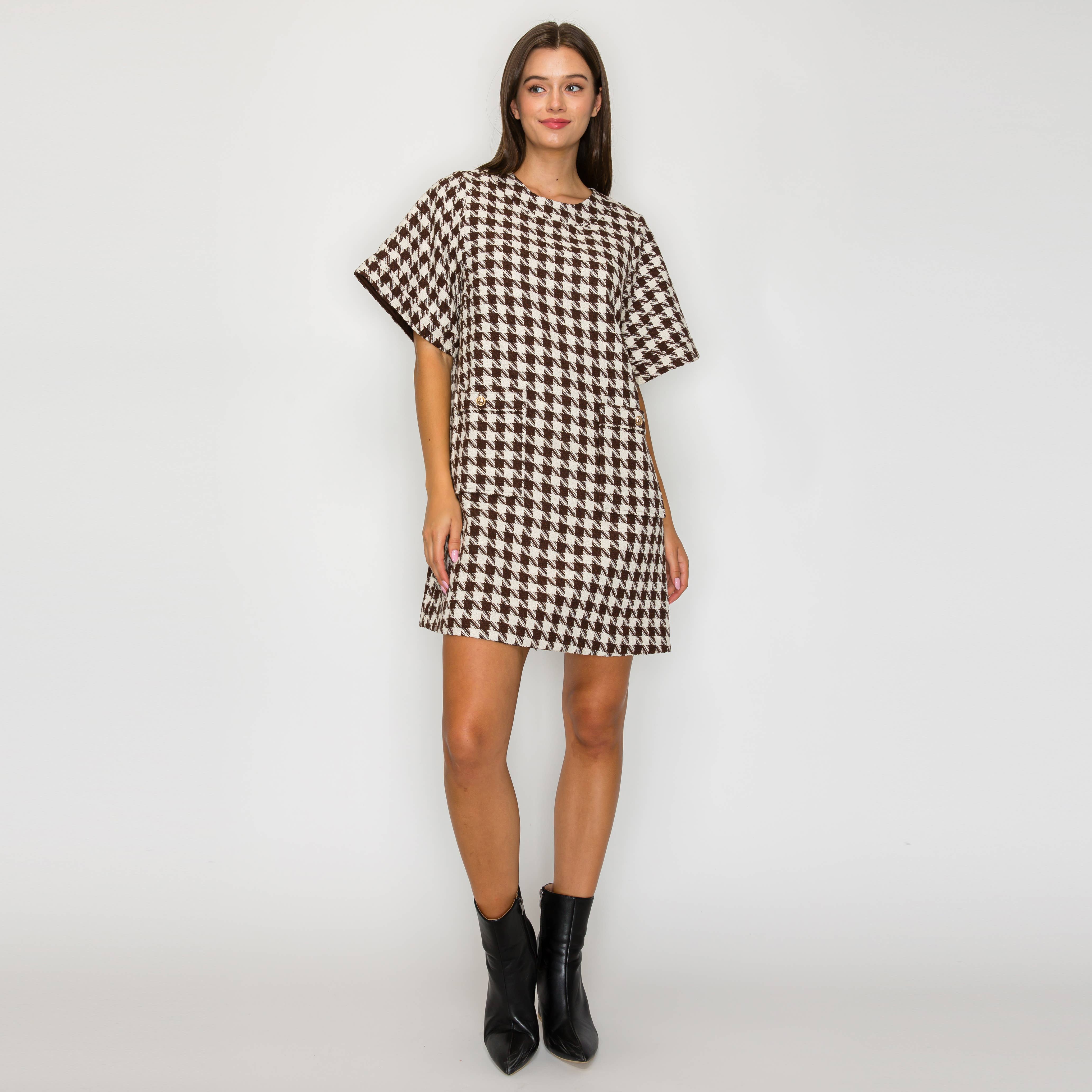 Mocha Latte Houndstooth JQD Mini Dress