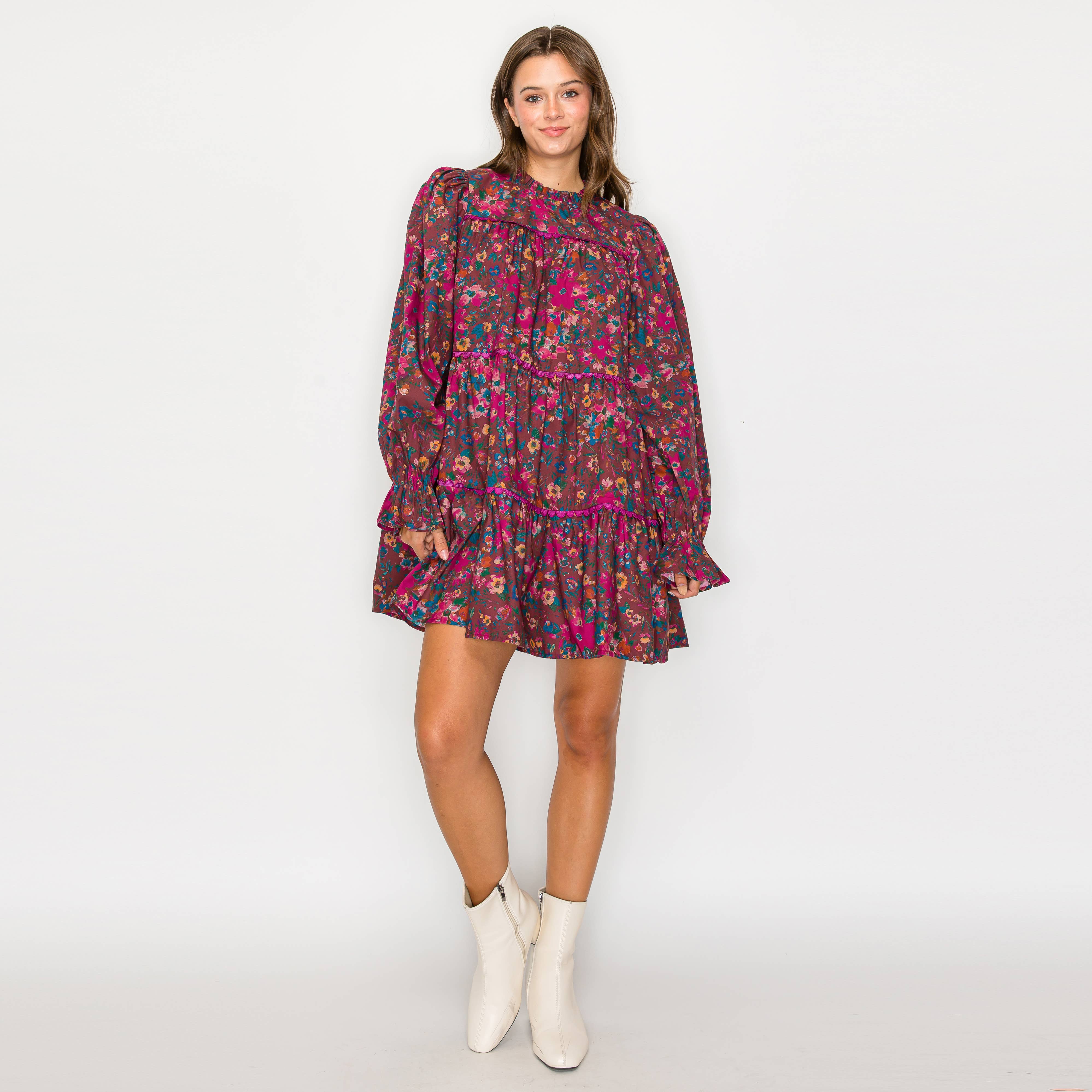 Full Bloom Wild Flower Print Cotton Mini Dress