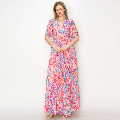 Print wrap maxi dress with flare sleeves