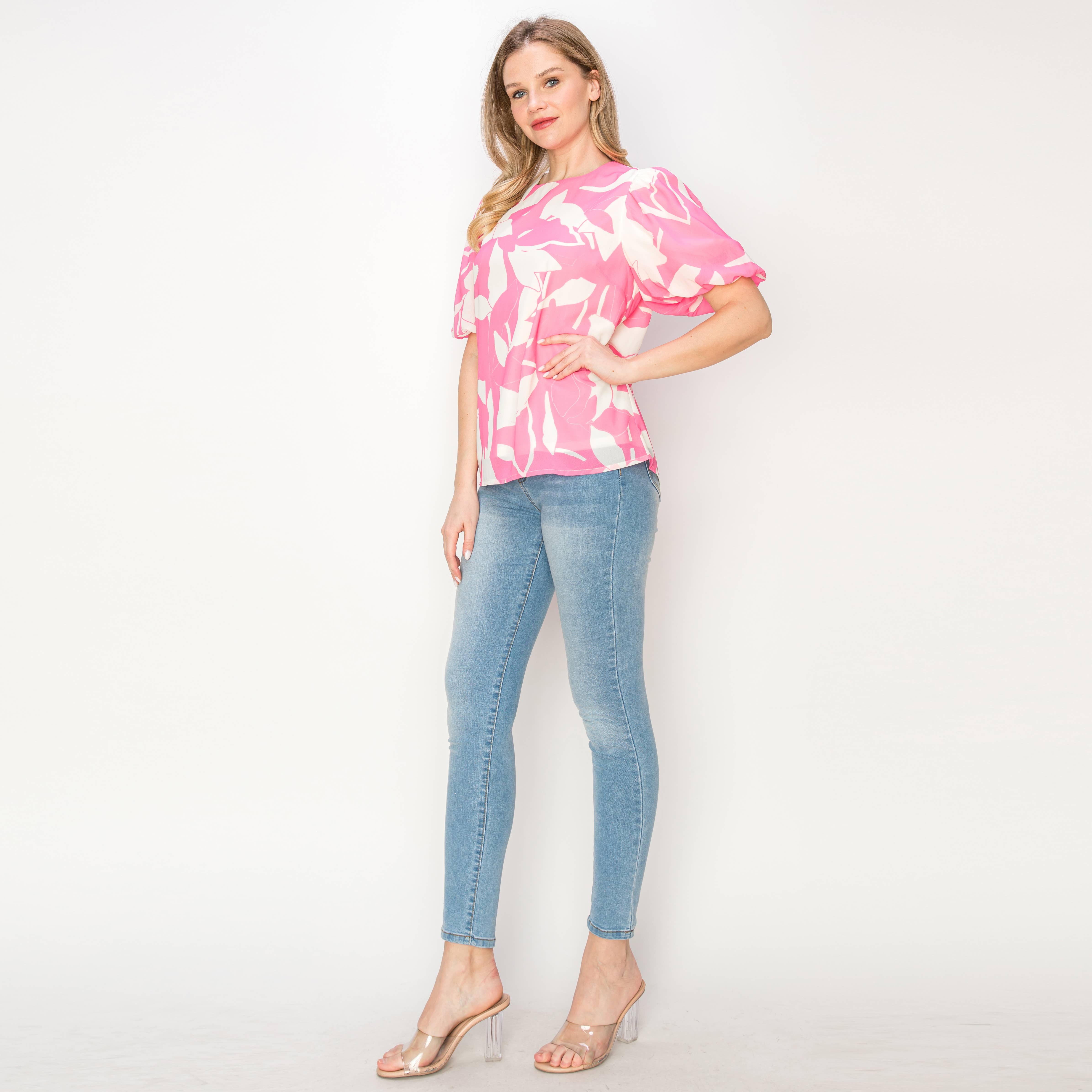 Print woven top with bubble sleeves