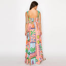 Coral Retro Tropical Print Cotton Maxi Dress