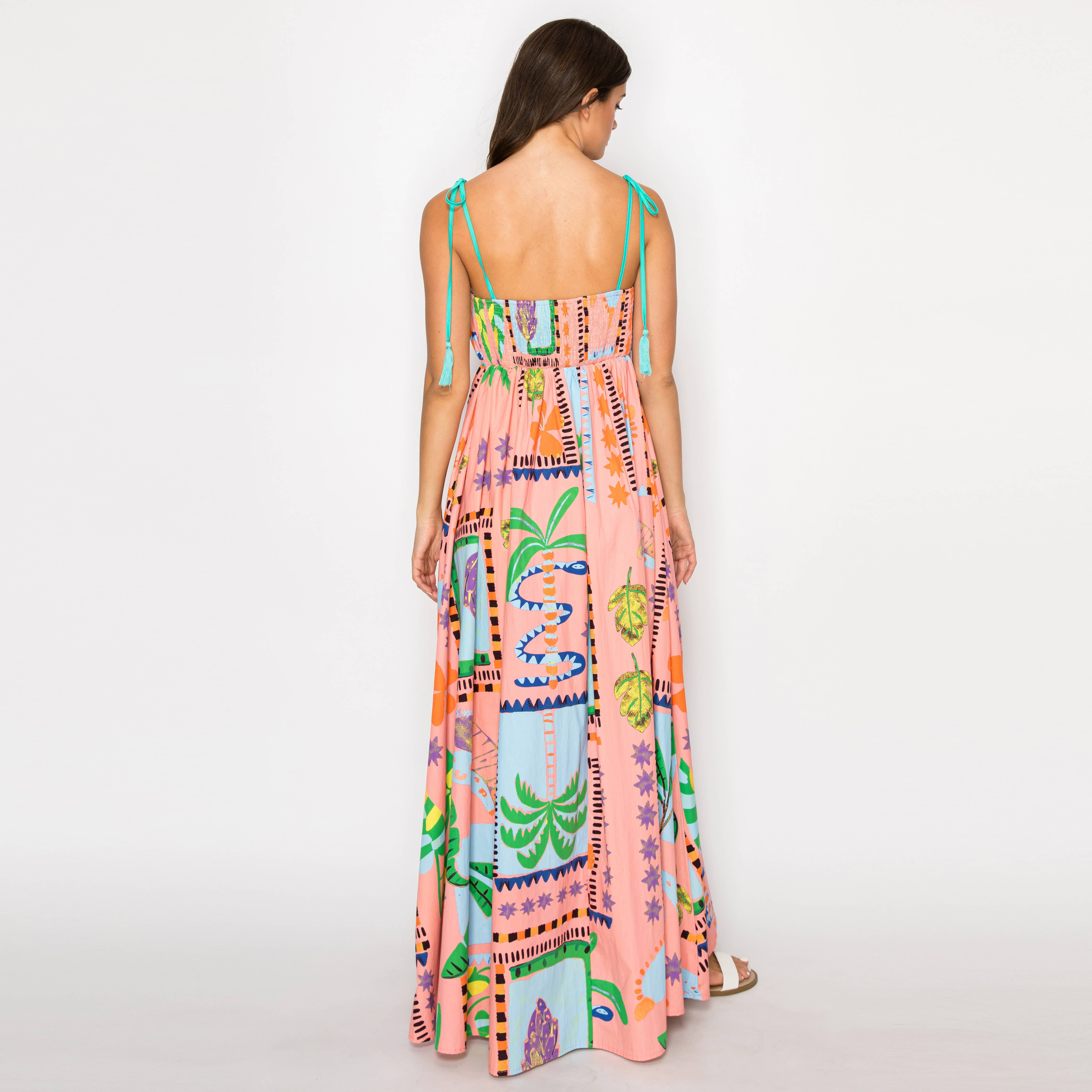 Coral Retro Tropical Print Cotton Maxi Dress