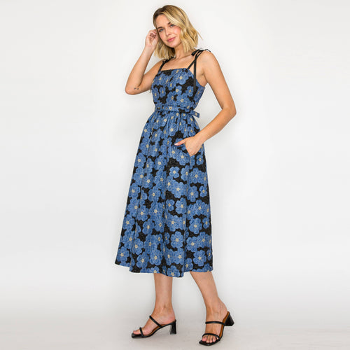 Denim Flower Jacquard Midi Dress with Flower patch