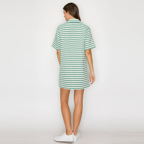 Green & White Stripe French Boucle Shirts Mini Dress-LWD2868