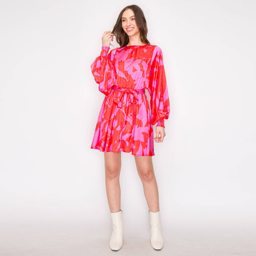 Abstract print mini dress with long sleeves