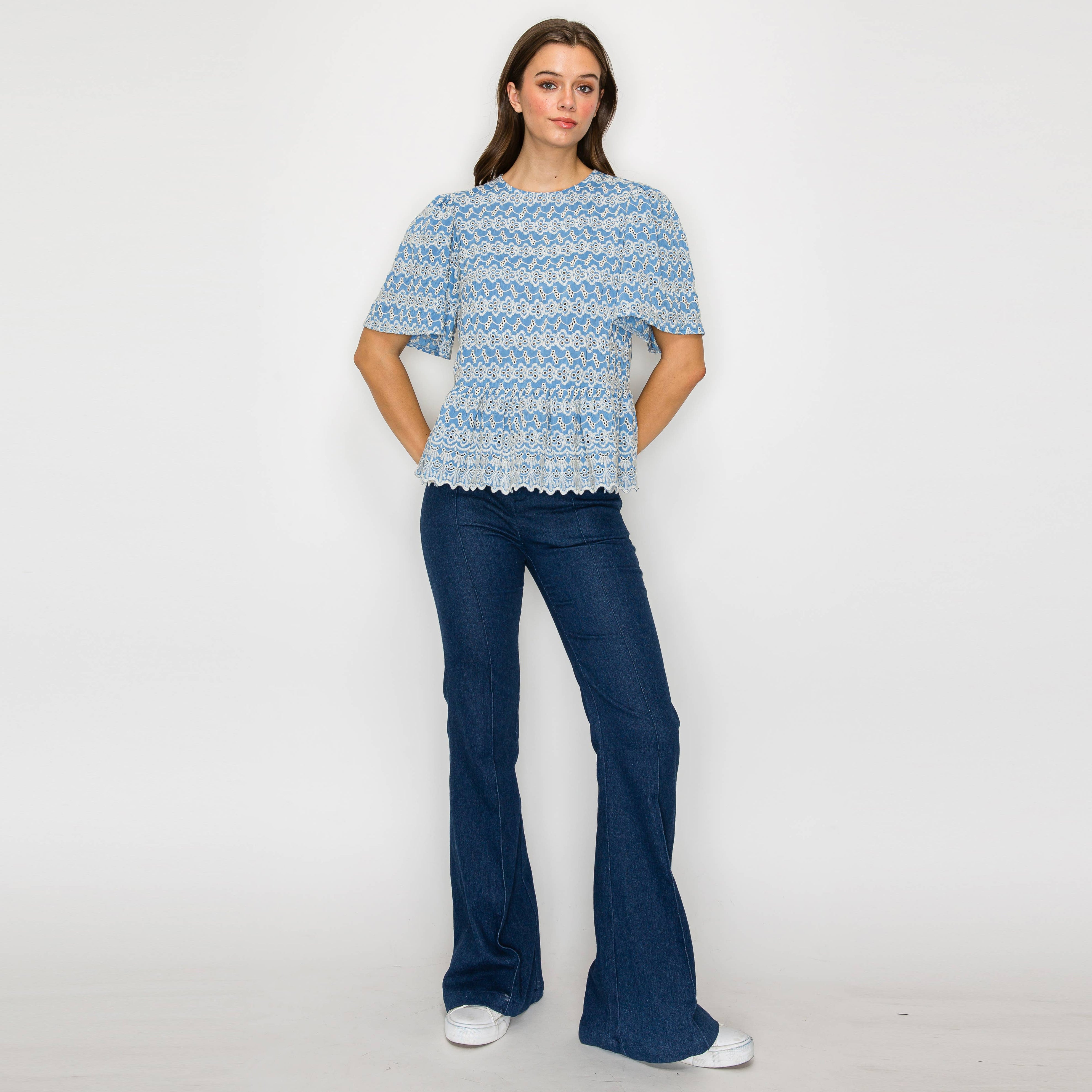 Periwinkle with White Embroidery Lovely Peplum Top
