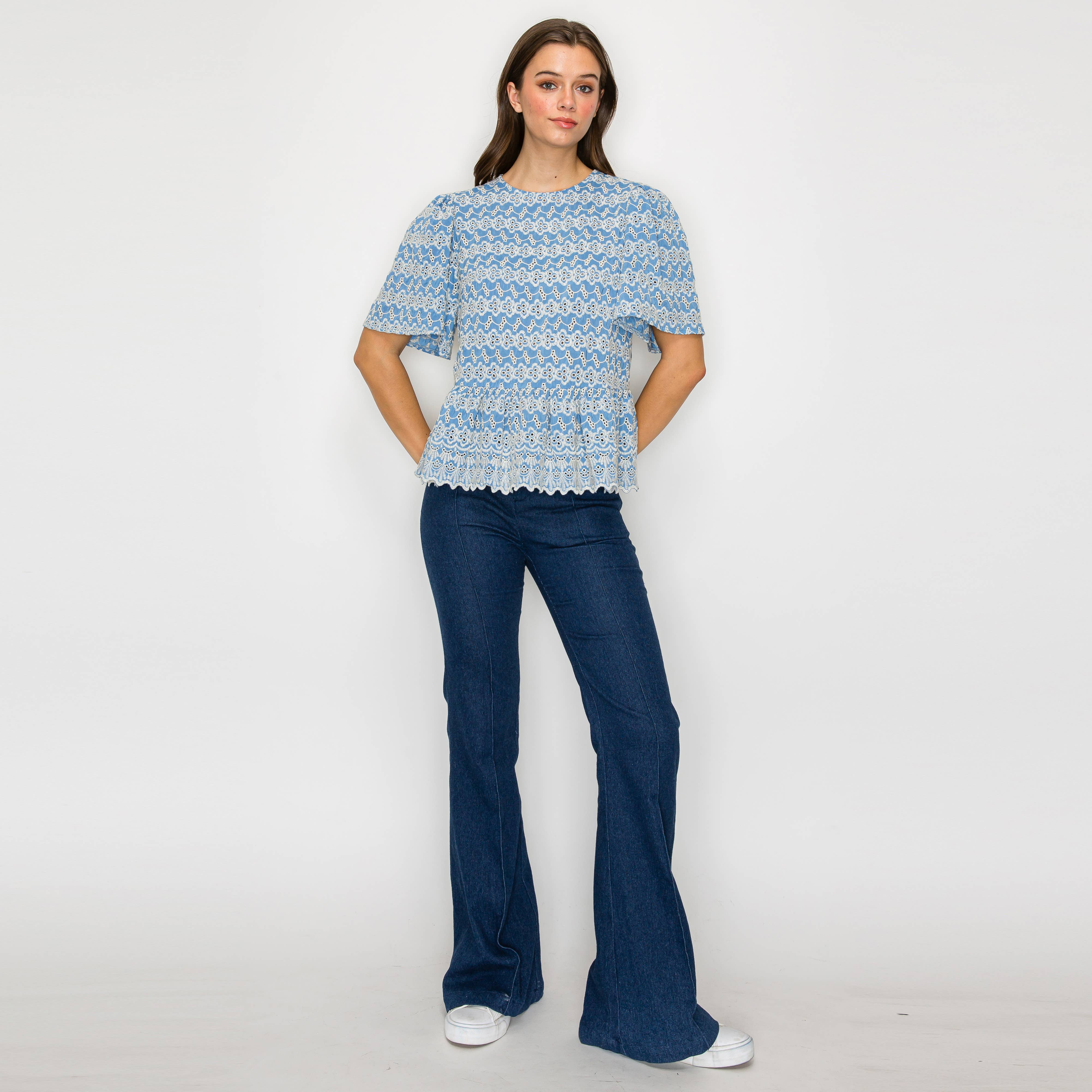 Periwinkle with White Embroidery Lovely Peplum Top