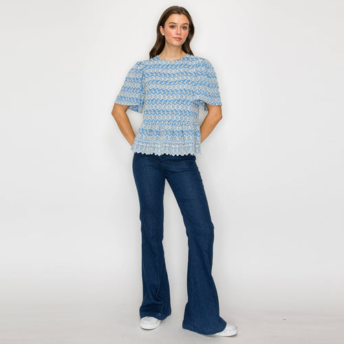 Periwinkle with White Embroidery Lovely Peplum Top