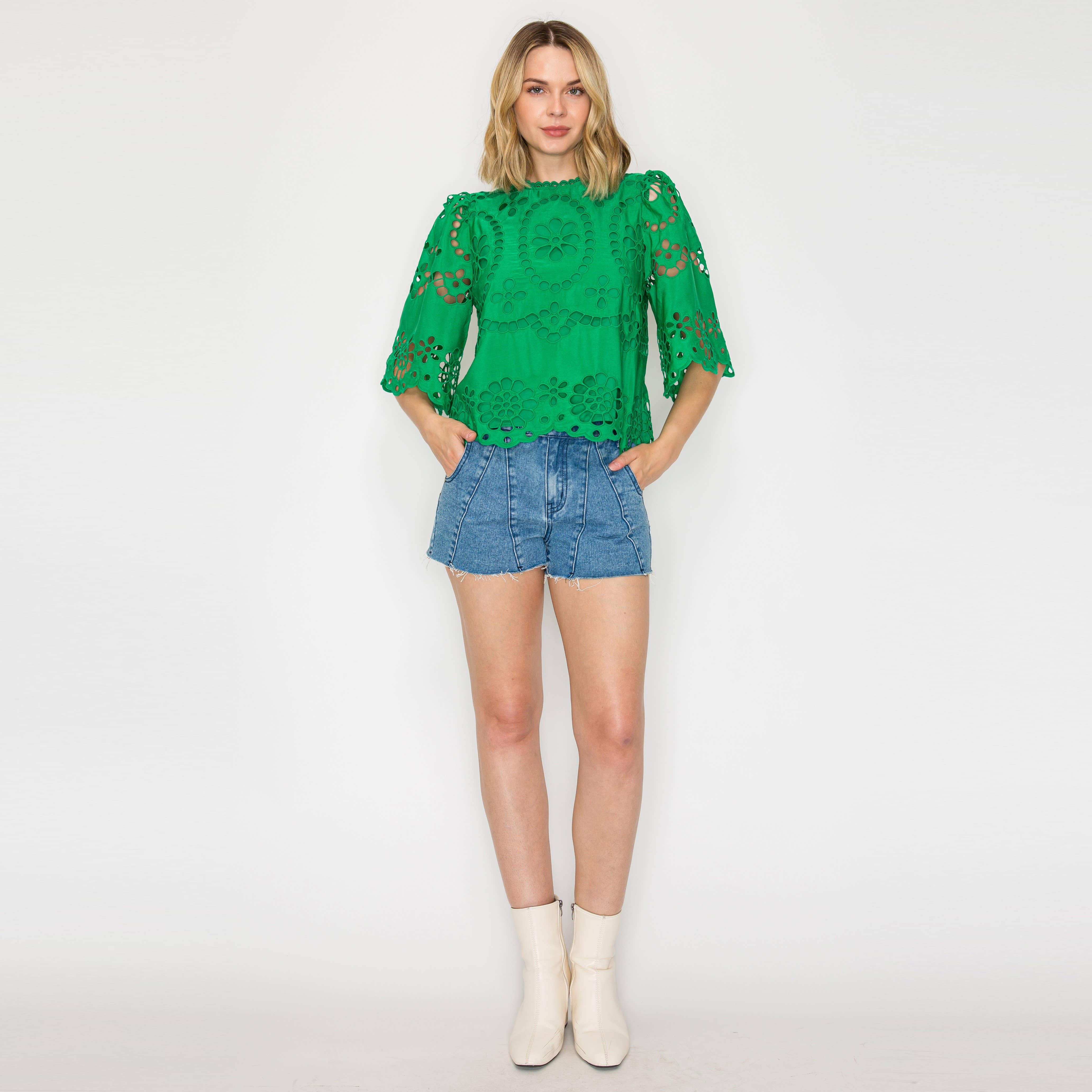 Green Daisy Eyelet Top