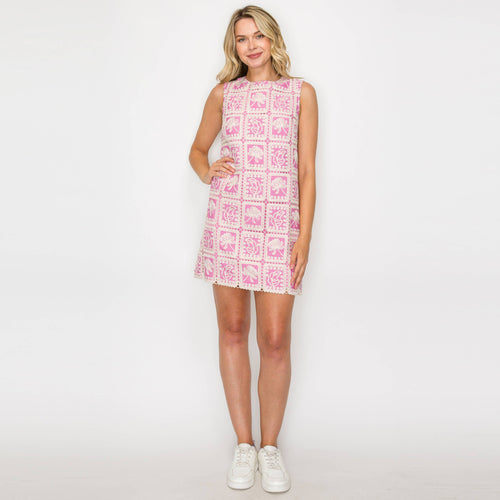Orchid Pink Lace Patch Work Mini Shift Dress