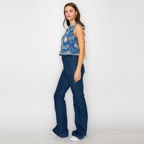 Jacquard Pattern Embroidery Top with Bow tie