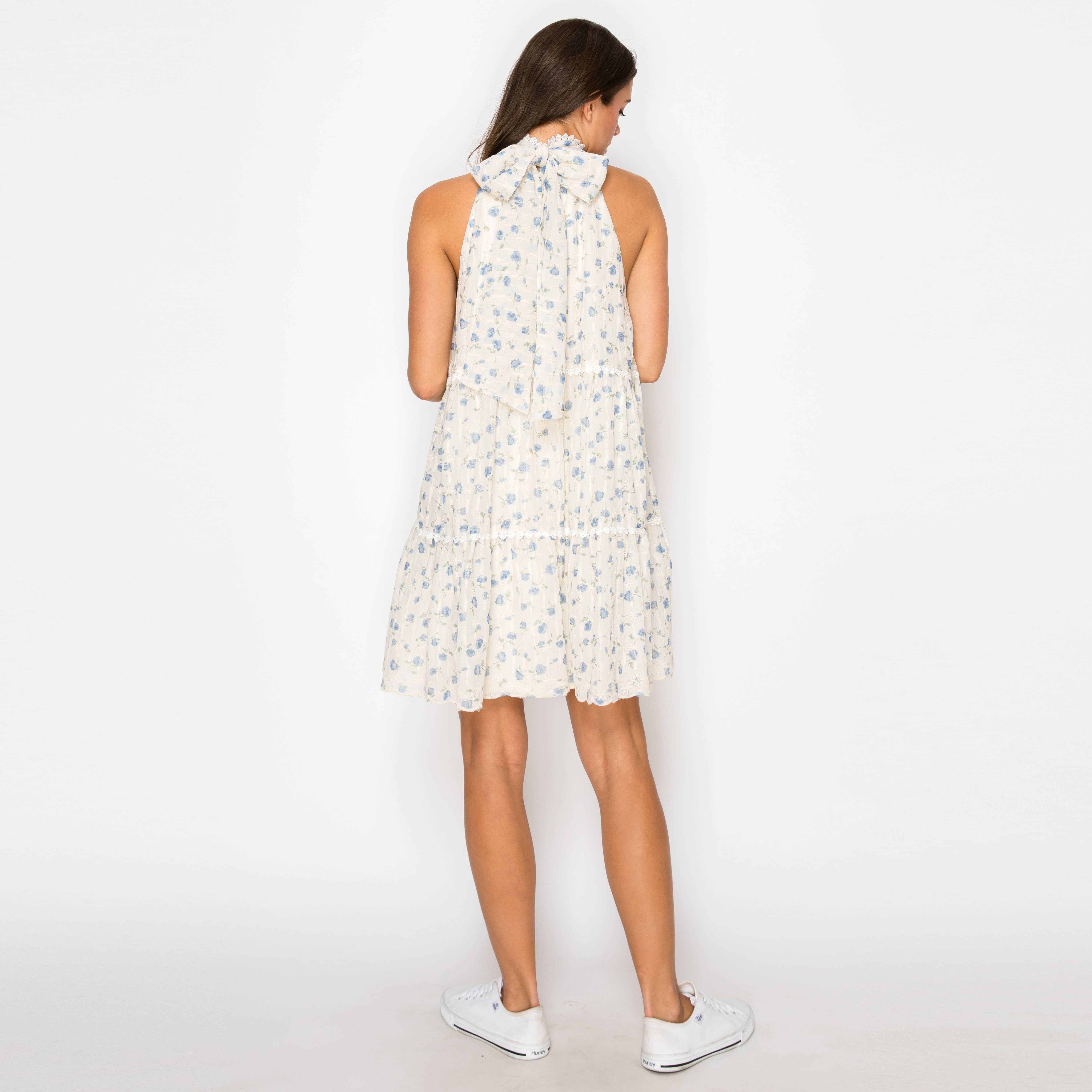 Blue Cloud Daisy Halter Mini Dress