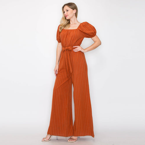 Stripe jumpsuit with puff sleeves