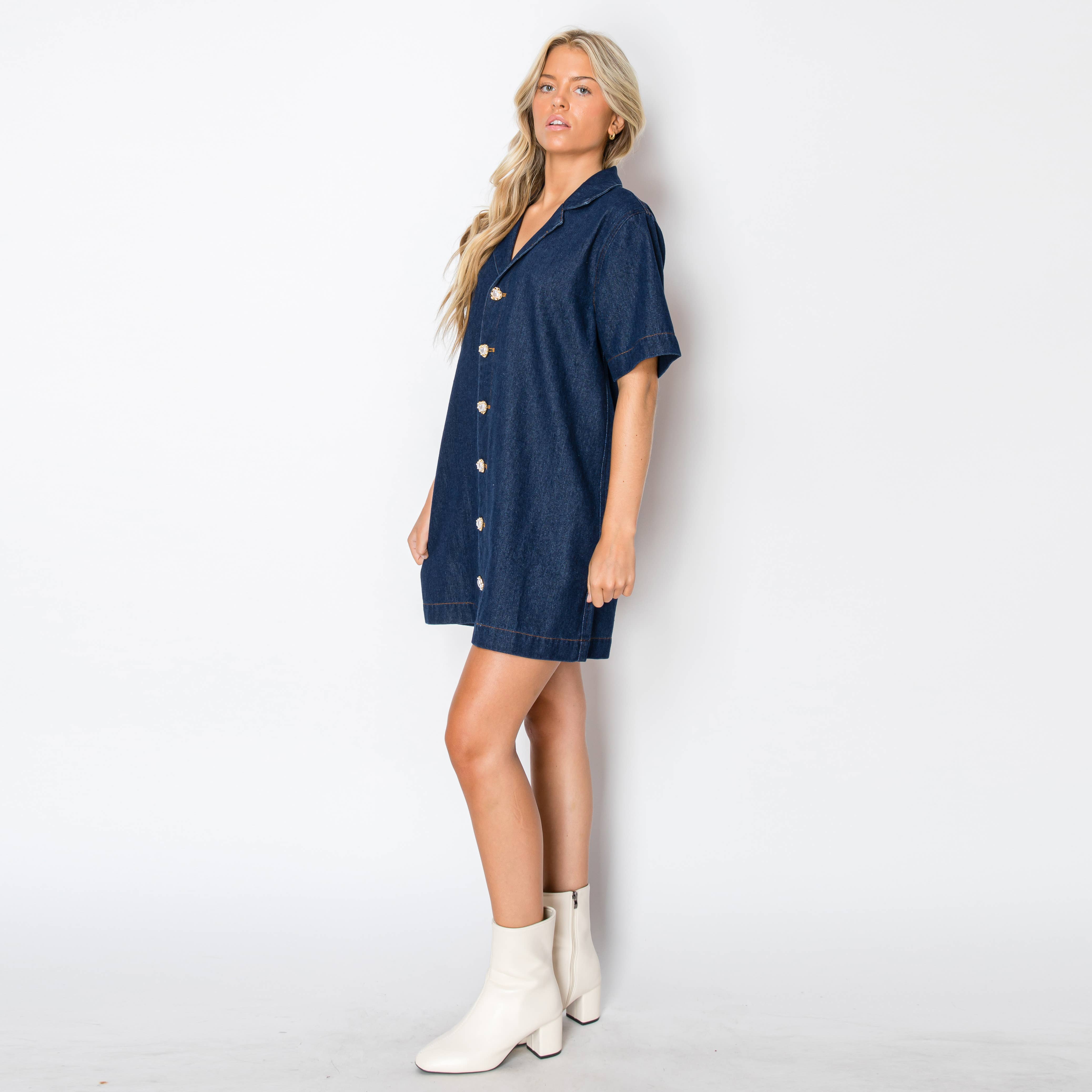 Denim shirts mini dress with jewel buttons