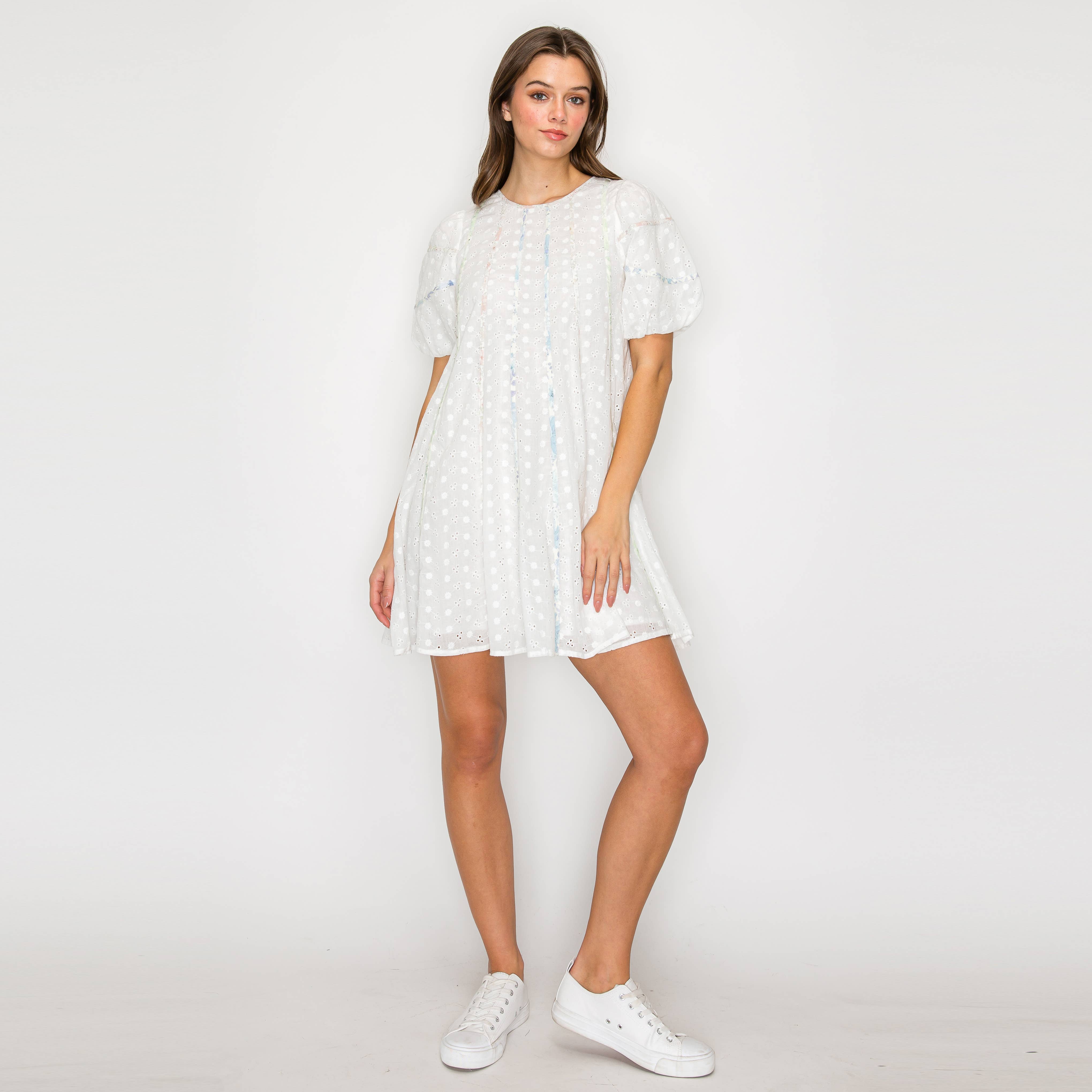 White Daisy Cotton Eyelet Mini Dress With Binding