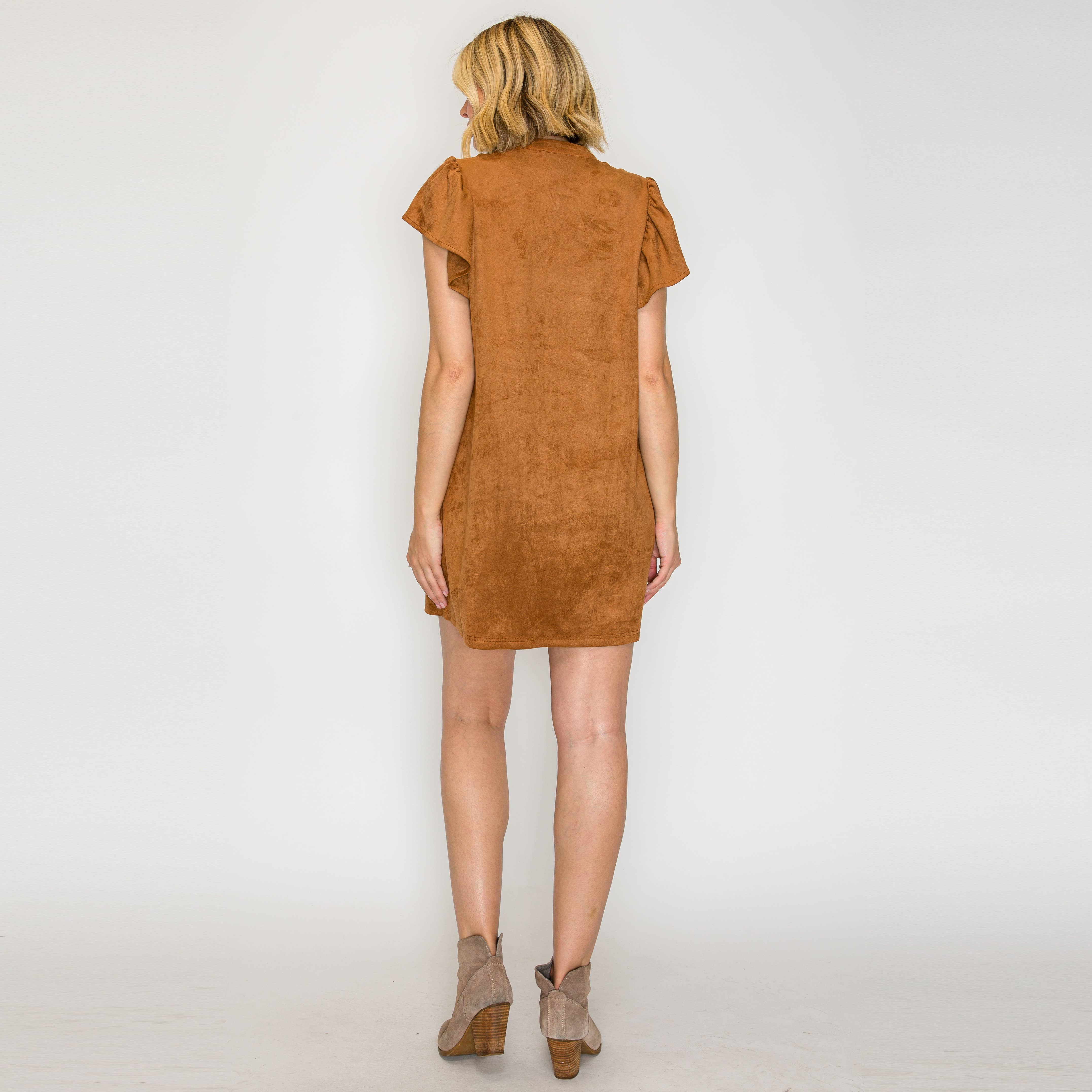 Faux Suede Flutter Sleeve Dress