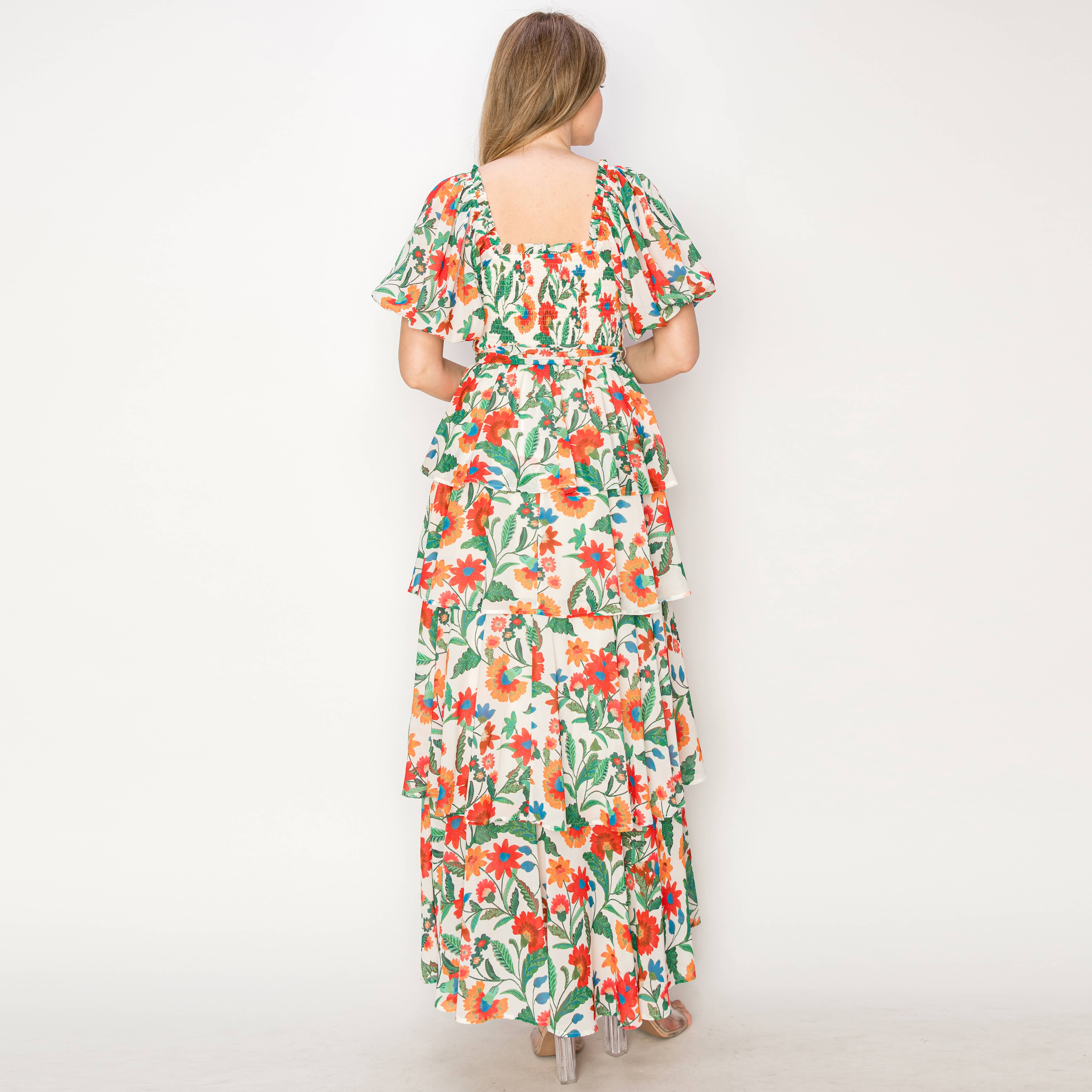 Summer jacobean Print tiered ruffle maxi Dress