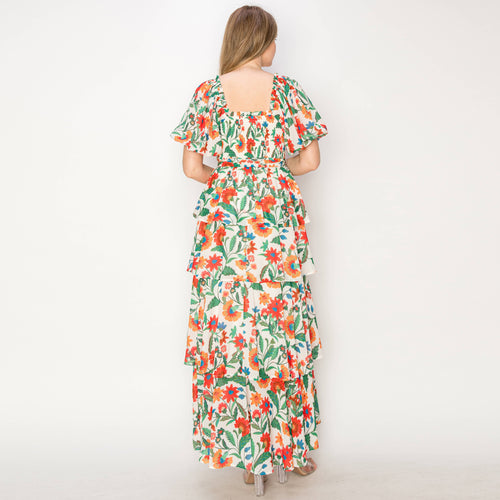Summer jacobean Print tiered ruffle maxi Dress