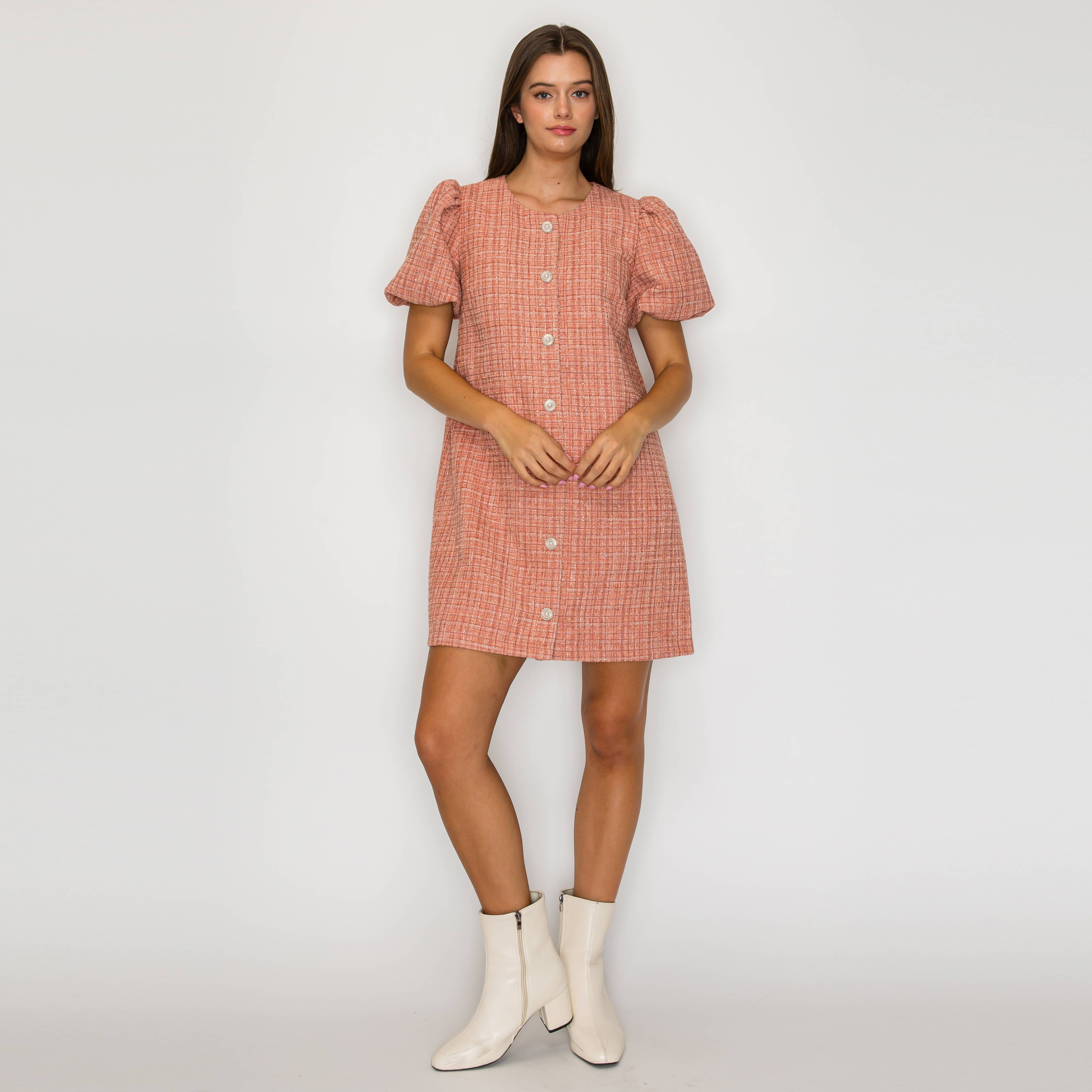 Classic Boucle Mini Shift Dress in Salmon Pink